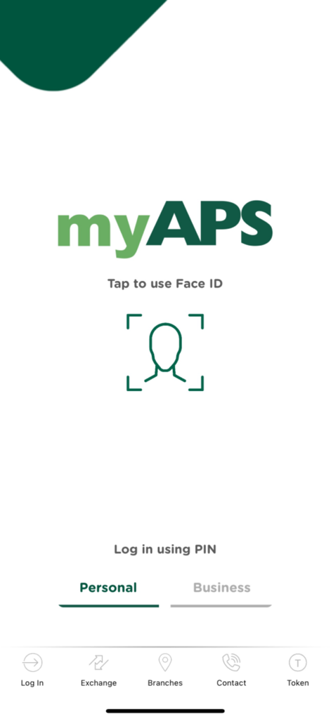 myAPS app login screen with Face ID authentication and account type selection