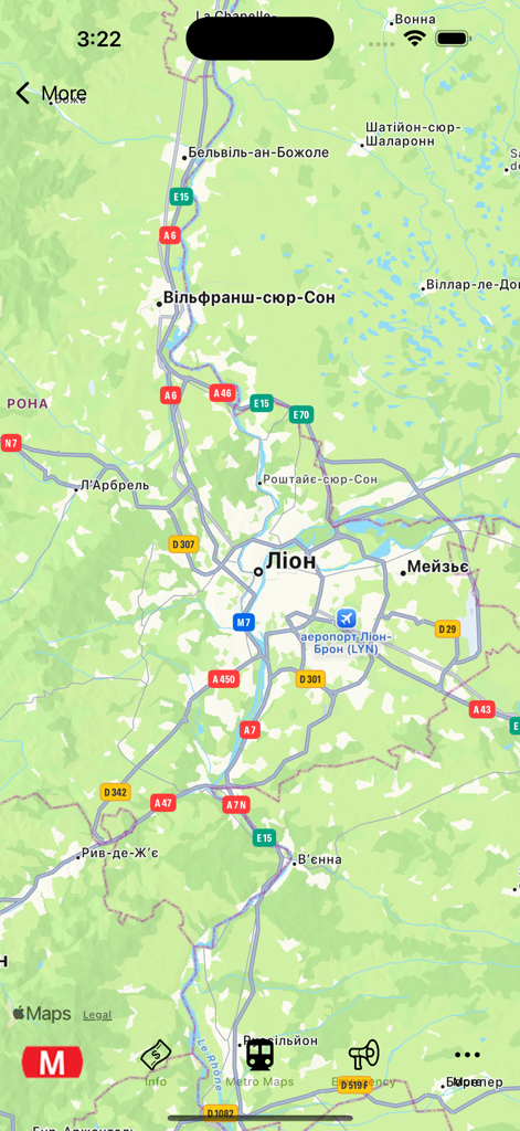 Lyon Subway Map - Écran d'application mobile affichant une carte de Lyon France avec des icônes de navigation et les principales autoroutes