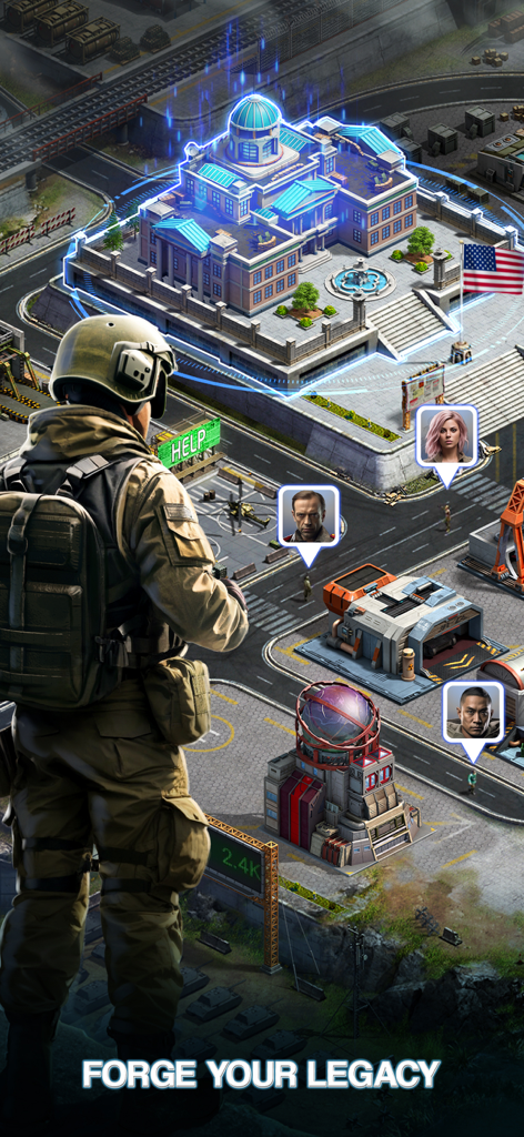 Ein Soldat blickt auf eine moderne Militärbasis und ein Hauptquartier im Spiel The Grand Frontier