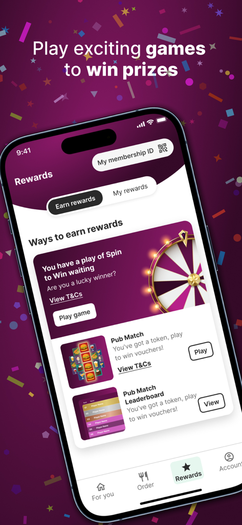 Greene King app rewards screen showing Spin to Win and Pub Match games for winning prizes