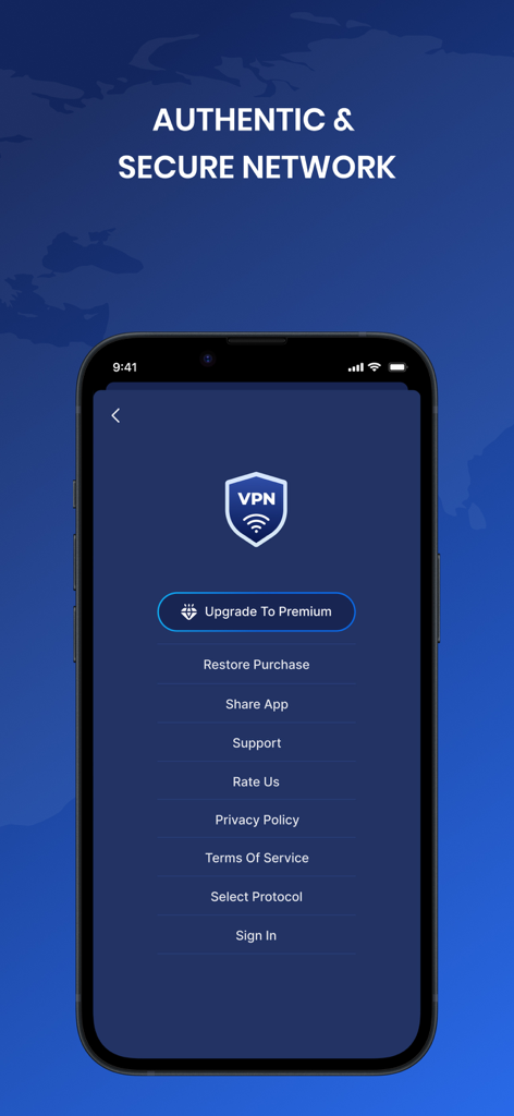 VPN Fast Smart & Secure Proxy - VPN Fast Smart and Secure Proxy app menu interface with premium upgrade and security settings.