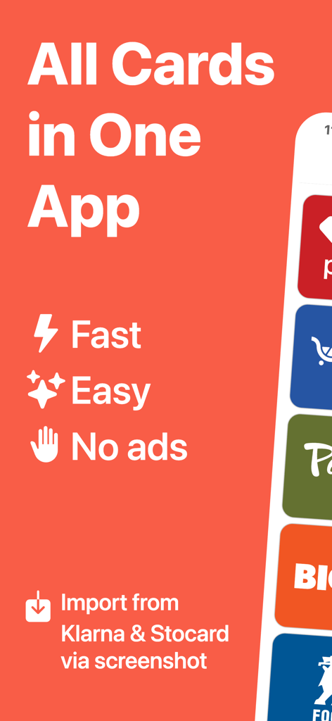 SuperCards: Store Card - SuperCards app promotional screen highlighting fast and easy loyalty card storage with no ads