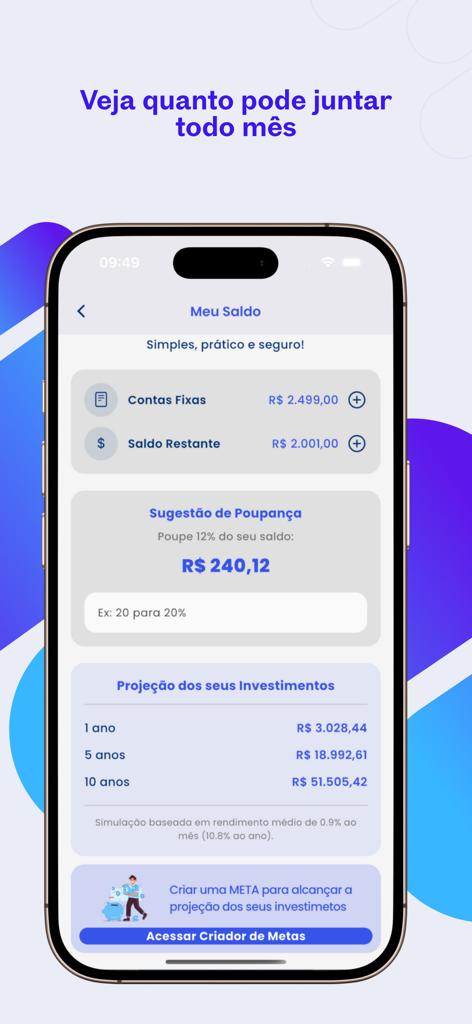 FGTS | App do Trabalhador 2025 - 개인 저축 제안 및 브라질 헤알화 장기 투자 예측을 보여주는 모바일 앱 화면