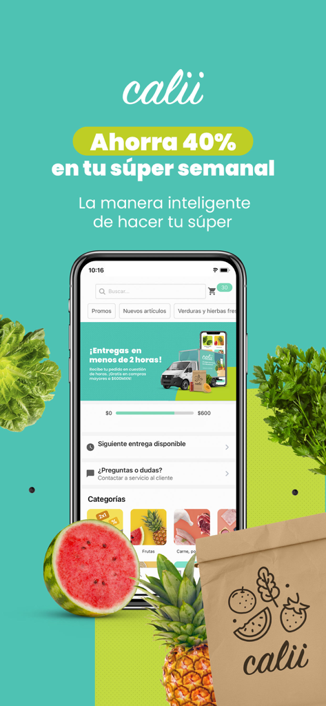 Calii mobile app interface displaying fresh produce categories and a 40 percent savings offer on groceries