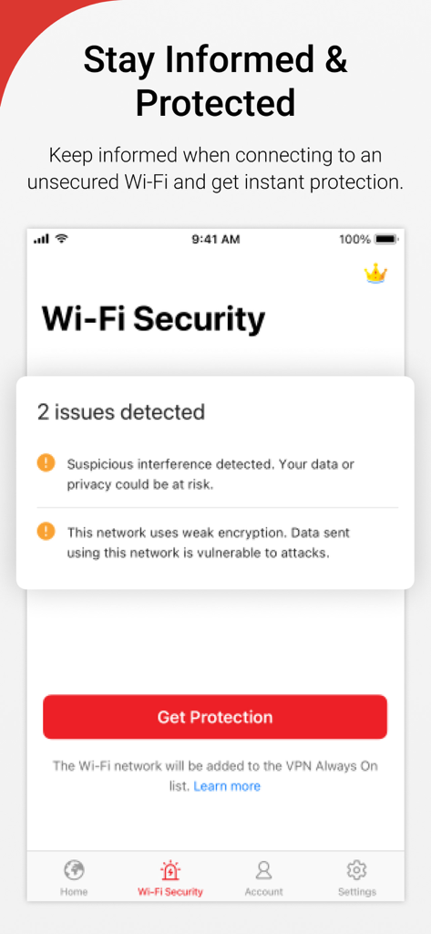 Trend Micro VPN app interface showing security alerts for an unsecured Wi-Fi network
