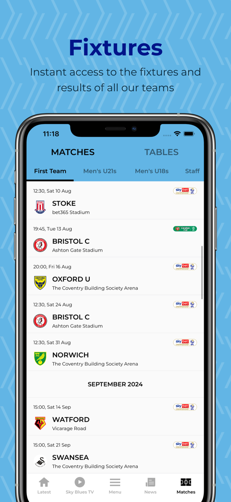 Coventry City FC - コヴェントリー・シティFCアプリの試合日程画面。トップチームの試合スケジュールを表示。