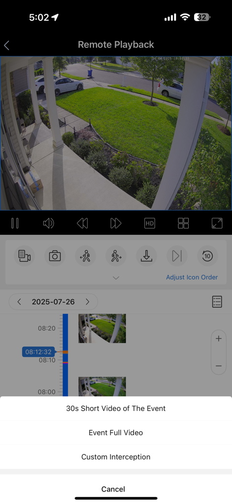 Luma View app remote playback screen showing home security footage and options to download event video clips