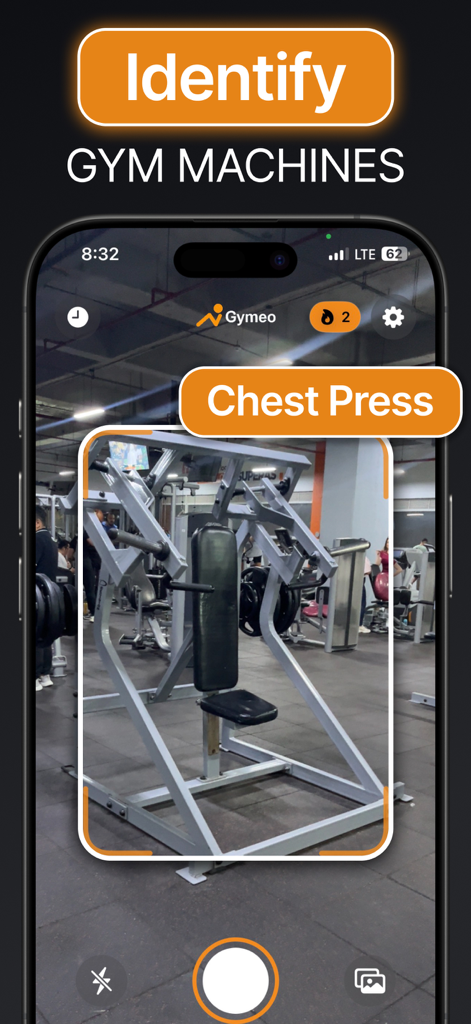 Smartphone screen showing the Gymeo app identifying a chest press machine using AI scanning