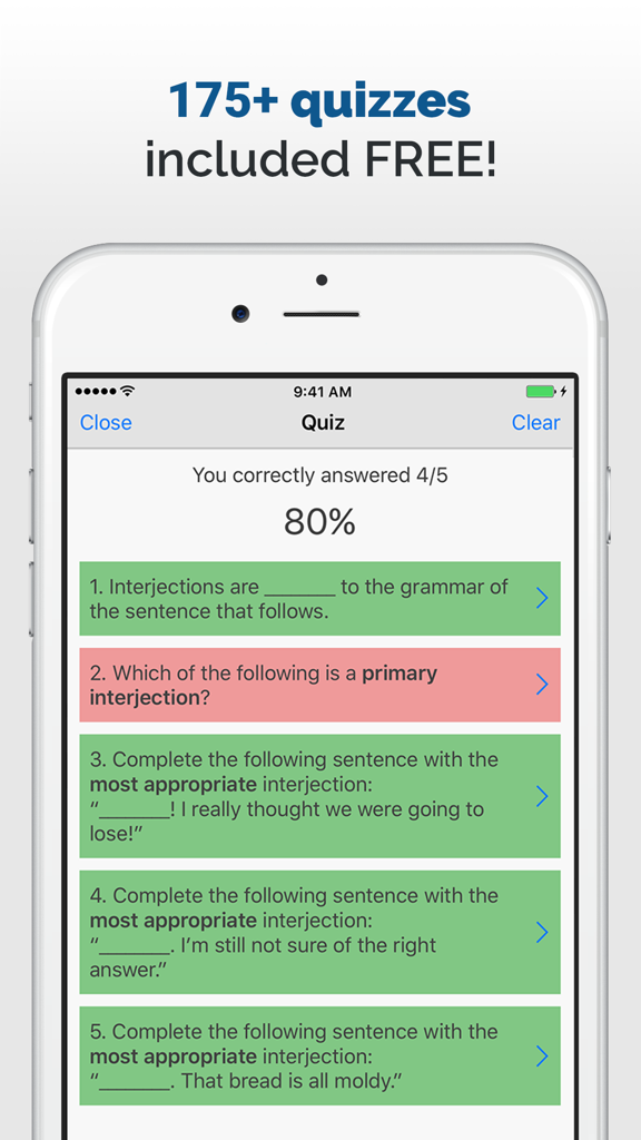 Complete English Grammar Rules - A smartphone screen displaying an English grammar quiz with results and multiple-choice questions about interjections.