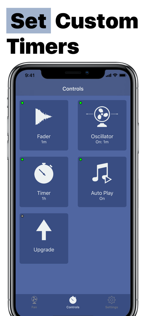 Fan Noise Sleep Sounds app interface showing custom timer and oscillator settings on a smartphone screen.