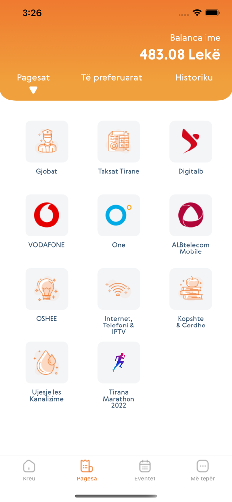 EasyPay Albania - EasyPay Albaniaアプリのダッシュボード。公共料金、罰金、携帯電話のチャージのさまざまな支払いオプションが表示されます。