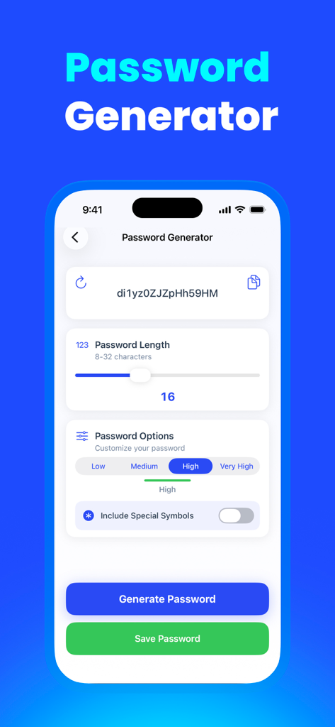 PureDefend: Security & Cleaner - PureDefend app interface showing the secure password generator feature with length and strength settings