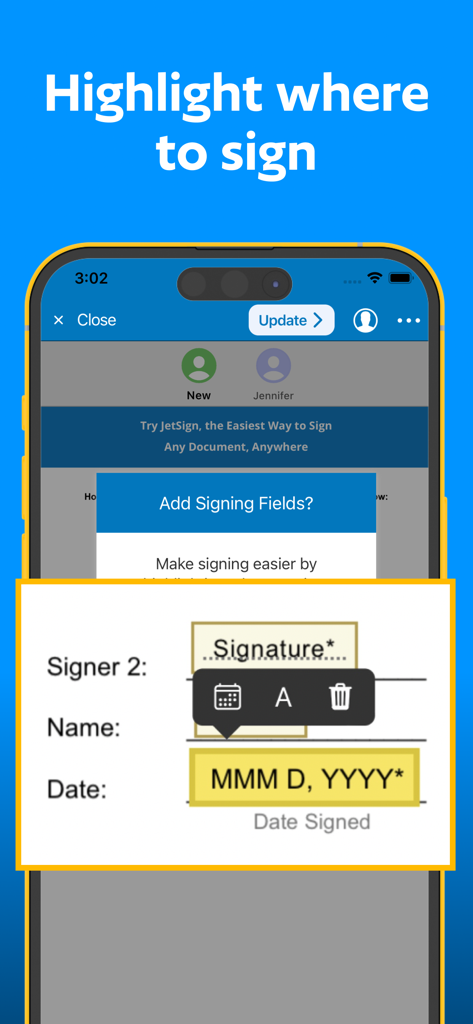 JetSign: Fill & Sign PDF Docs - A mobile screen interface showing how to add signature and date fields to a document for remote signers.