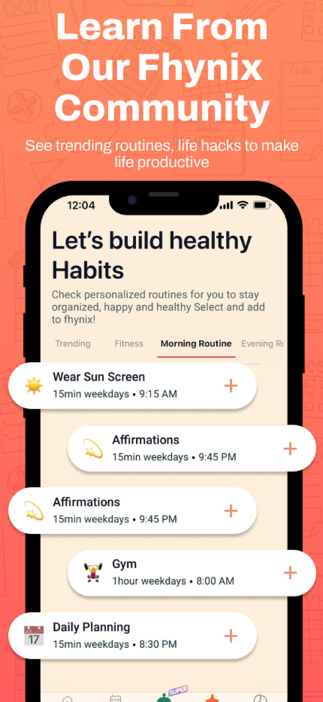 Fhynix: AI Daily Planner, Todo - Fhynix app screen showing community routines and healthy habit suggestions like gym and morning planning.