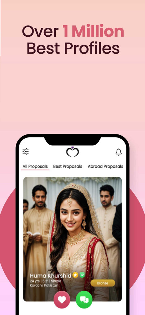 Shaadi.org.pk - RishtaPakistan - Uma interface de aplicativo móvel do Shaadi.org.pk mostrando um perfil de casamento verificado de uma mulher paquistanesa com opções para o exterior e melhores propostas.