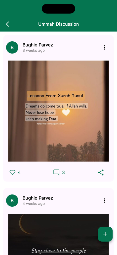 Tawhid: Prayer, Quran, Ramadan - The Ummah Discussion interface in the Tawhid app showing a social feed with inspirational Islamic quotes and community engagement features.