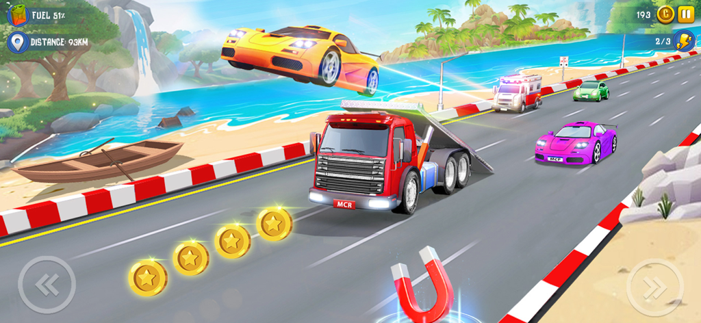 Mini Car Racing Game Legends - Un coche amarillo realiza un salto acrobático saliendo de una rampa de camión en una autopista junto al mar con monedas de oro para recoger.