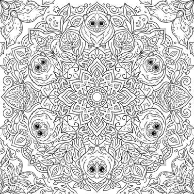 Embark on an artistic journey with this stunning loris mandala coloring page, crafted especially for teens who love detailed designs. Featuring adorable lorises symmetrically embedded within complex floral and geometric patterns, it promises a rewarding creative escape.