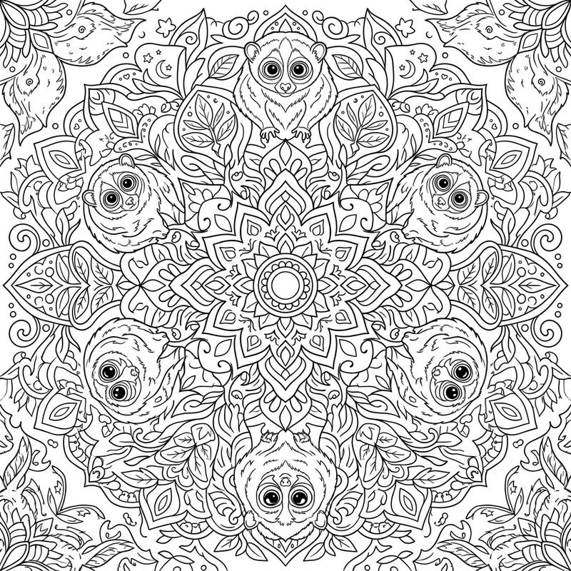 Embark on an artistic journey with this stunning loris mandala coloring page, crafted especially for teens who love detailed designs. Featuring adorable lorises symmetrically embedded within complex floral and geometric patterns, it promises a rewarding creative escape.