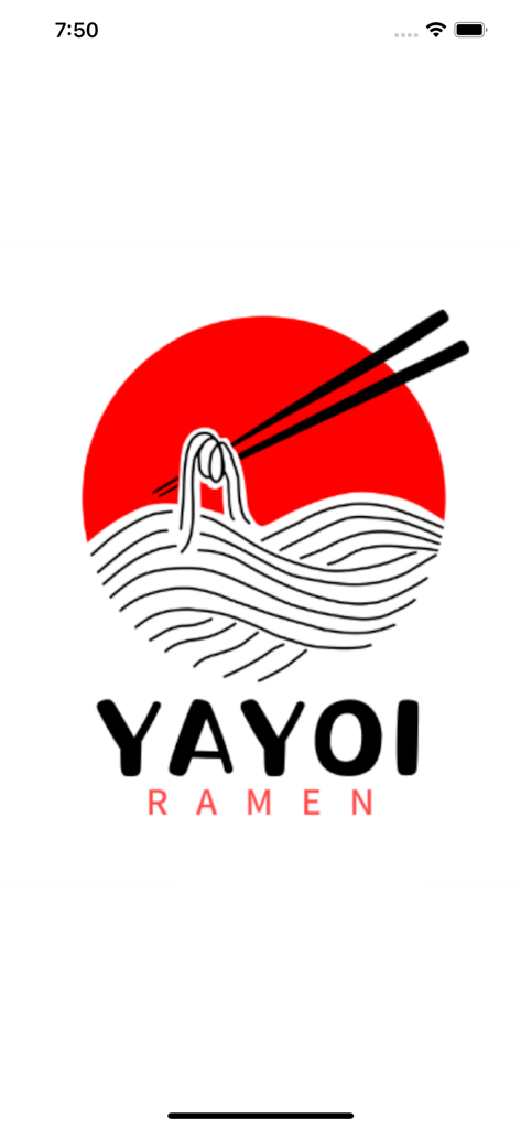 Logo of Yayoi Ramen and Sushi app featuring stylized noodles and chopsticks over a red sun circle background.