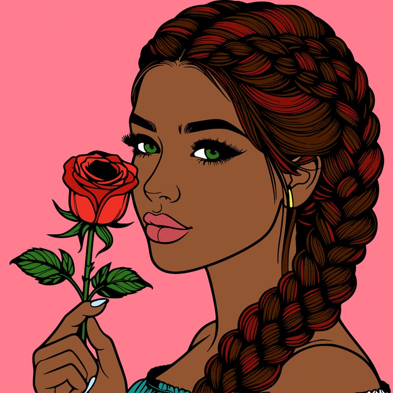 realistic woman with braids holding a single rose
