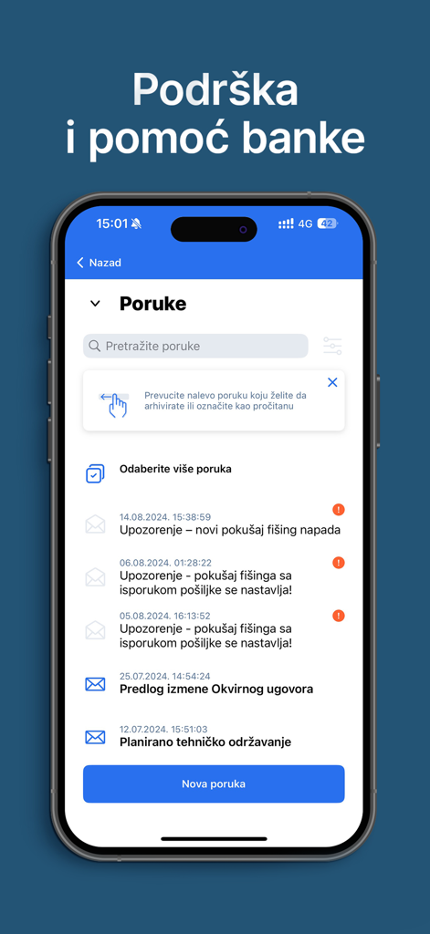 mBanking Erste Banka Srbija - Erste Banka Srbija mobile banking app message center showing bank notifications and support alerts