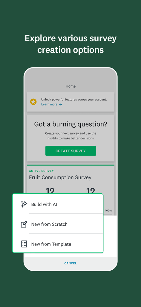 SurveyMonkey - Interfaccia dell'app SurveyMonkey che mostra opzioni per creare un sondaggio, tra cui Crea con AI, Nuovo da zero e Nuovo da modello.
