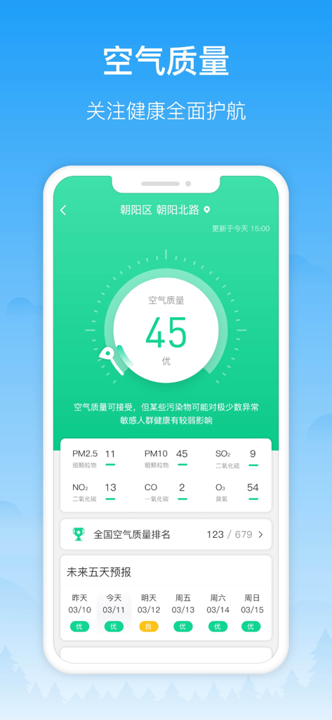 Mobile app interface displaying real-time air quality index and pollutant levels in Chinese.