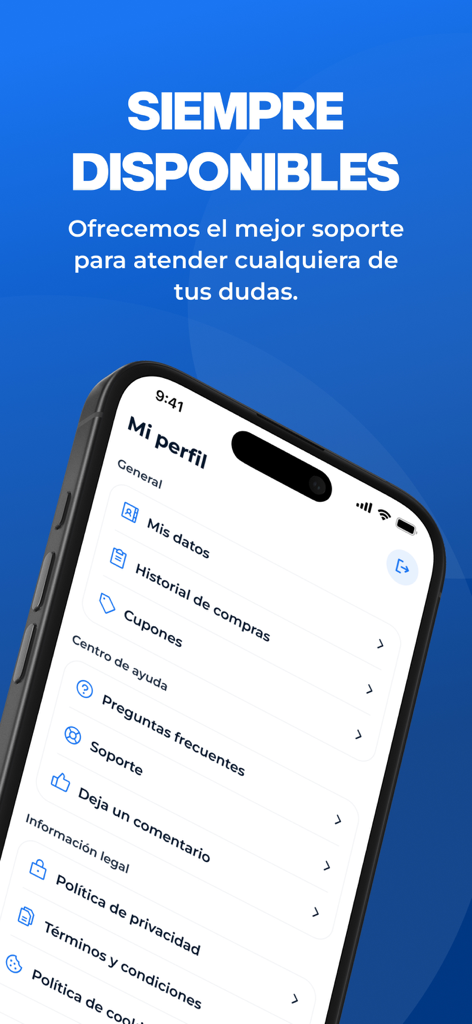 QuickOffer | Paga Después - Interfaz del perfil de usuario de la aplicación QuickOffer que muestra el centro de ayuda y las opciones de soporte en español