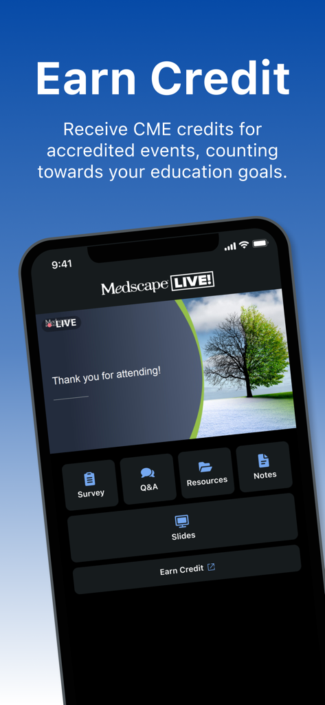 Medscape LIVE app showing how to earn CME credits for healthcare professionals