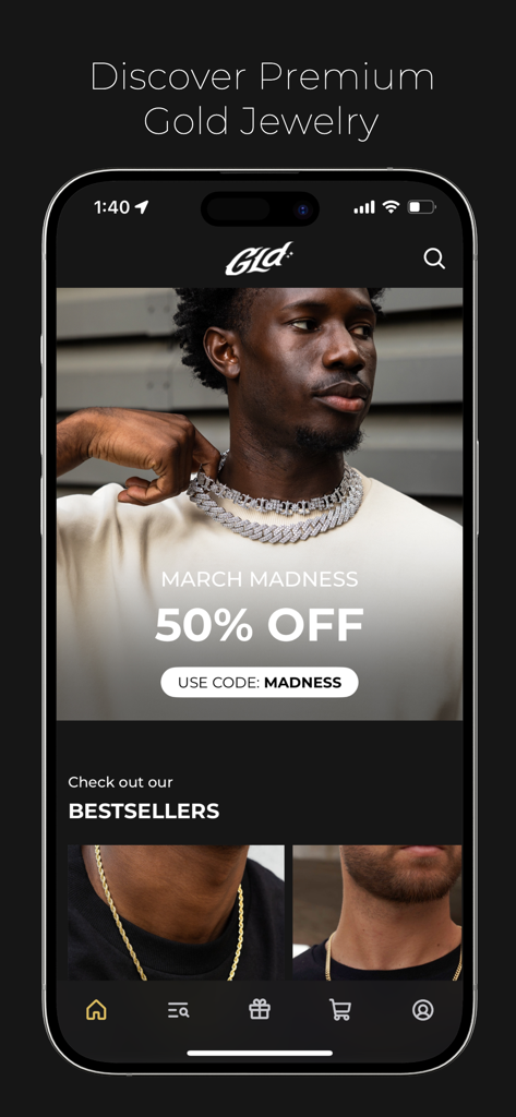 The GLD Shop - The GLD Shop mobile app home screen featuring a March Madness sale and premium gold jewelry bestsellers