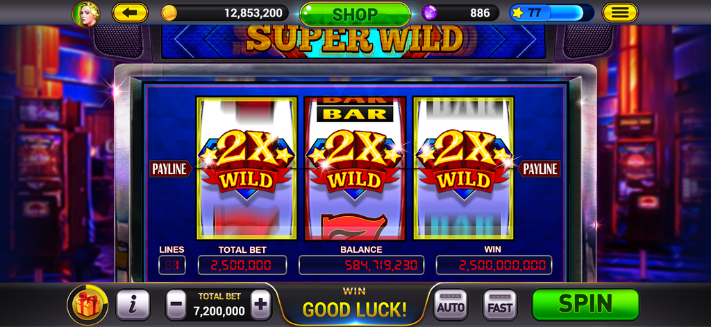 A slot machine screen from Golden City Casino showing three 2X Wild symbols and a huge win