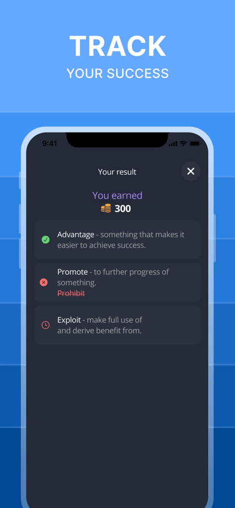 A mobile screen showing English vocabulary test results with word definitions and earned reward coins in the 2Shine app.