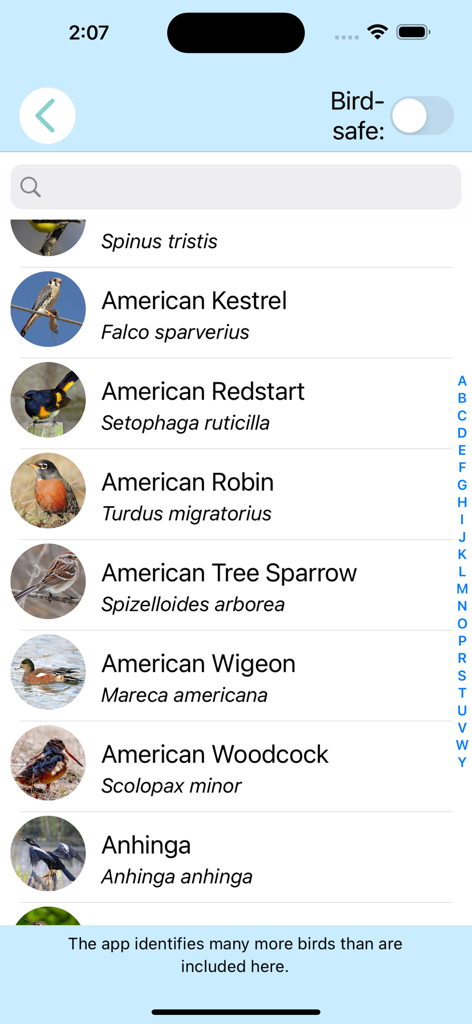 ChirpOMatic - BirdSong USA - ChirpOMatic app screen showing a searchable list of North American bird species with names and photos.