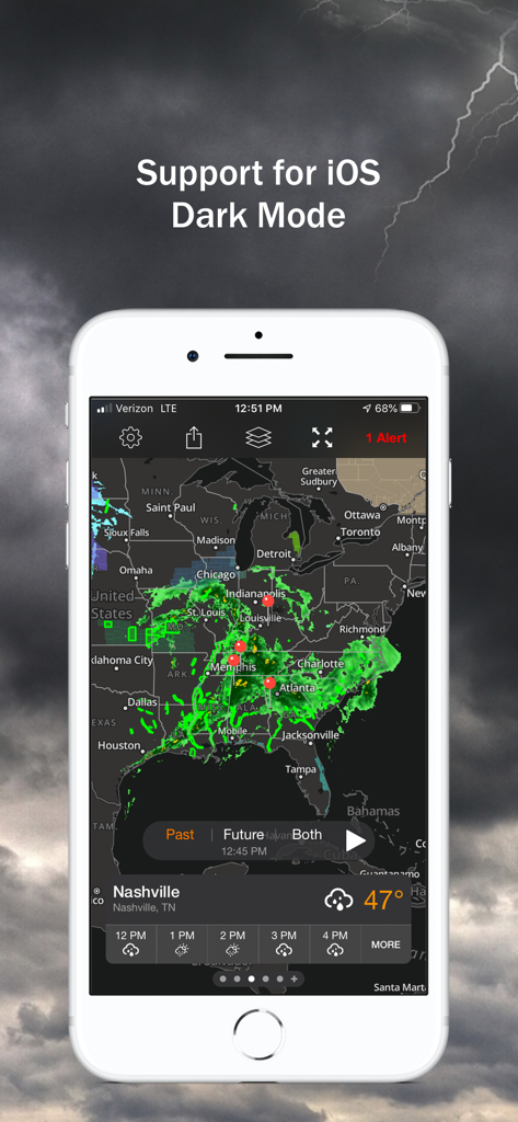 Storm Shield app on an iPhone showing a high-definition weather radar map in iOS Dark Mode with severe weather alerts.