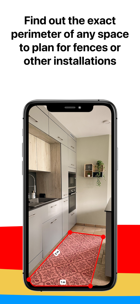 Field Area MeasureーLand Parcel - Smartphone utilisant la réalité augmentée pour mesurer le périmètre d'une surface de sol de cuisine pour la planification d'amélioration de l'habitat