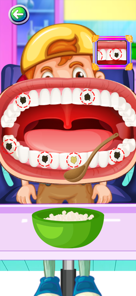 Cartoon boy getting his teeth cleaned for cavities in a dentist doctor hospital game