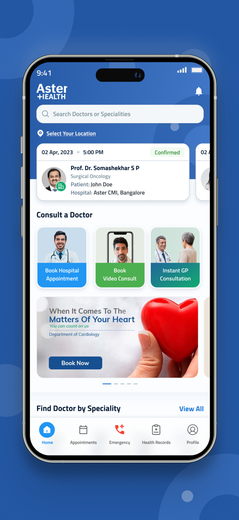 Aster Health - Home screen of the Aster Health app displaying doctor appointment bookings and video consultation options