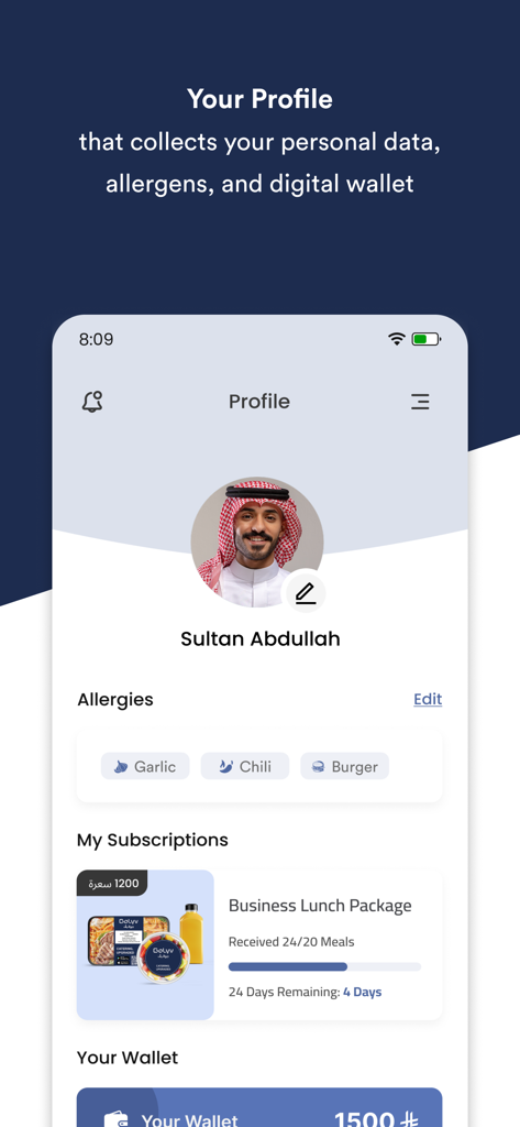 Golyv - جولايڤ - The Golyv app profile screen displaying user personal data, dietary allergies, and corporate meal subscription status