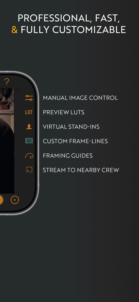 Interface of Artemis Director's Viewfinder showing professional features like manual image control, preview LUTs, and custom frame-lines.