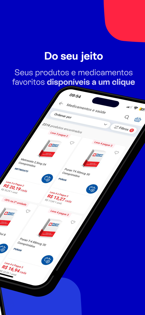 Schermata dello smartphone che mostra il catalogo dei farmaci dell'app Pague Menos con prezzi e offerte promozionali.