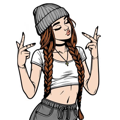 realistic teenage girl with braids and a beanie and crop top doing 🫶🏼