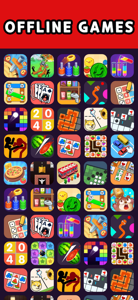 99 Games-Offline Games No Wifi - Una collezione di icone di giochi colorate con puzzle, giochi di carte e mini-giochi arcade sotto un banner Giochi Offline.