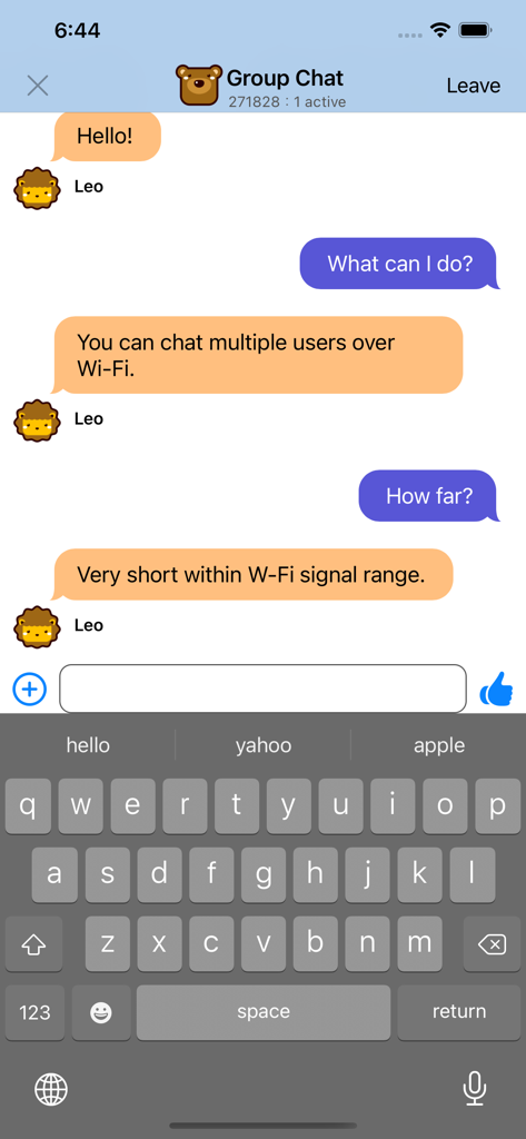 Screenshot of xChatz app group chat interface showing messaging functionality over local Wi-Fi without internet connection