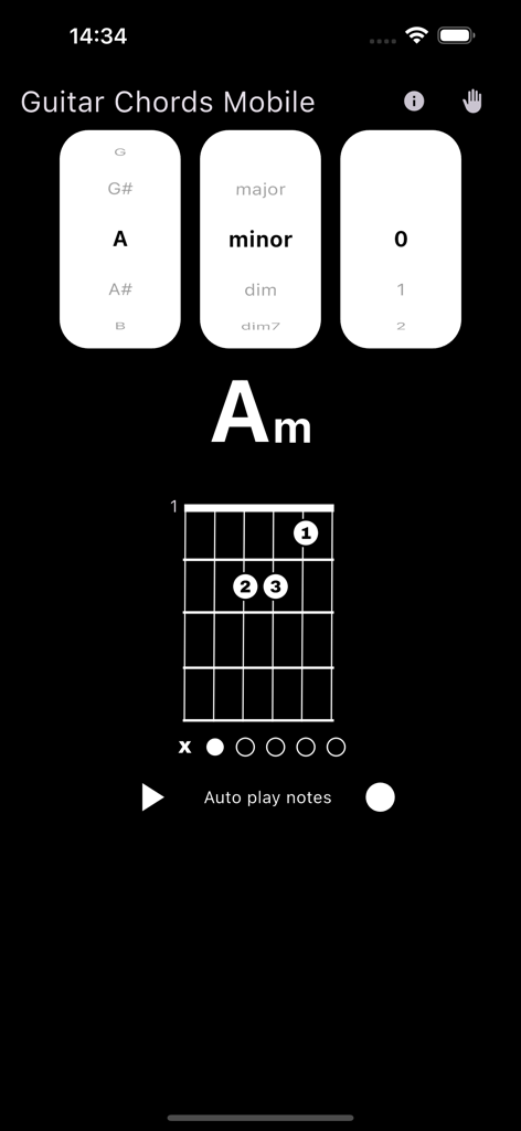 Guitar Chords Mobile - Interfaz de la aplicación Acordes de Guitarra Móvil mostrando un diagrama de acorde de La menor y posiciones de dedos