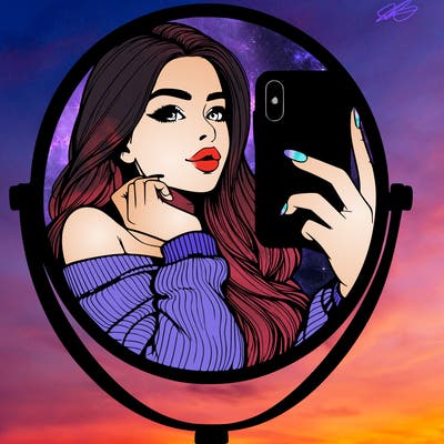 realistic girl taking mirror selfie beautiful