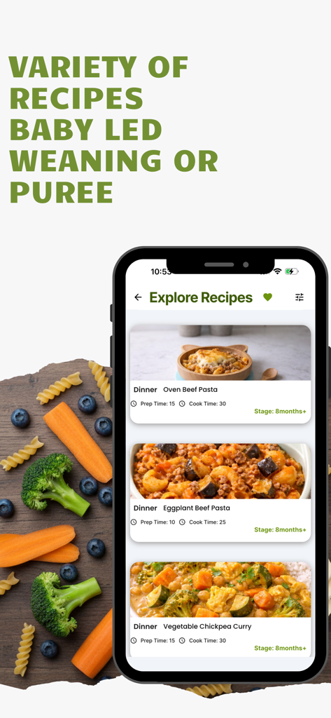MunchMind - MunchMind app showing explore recipes screen with healthy baby meals for weaning and puree