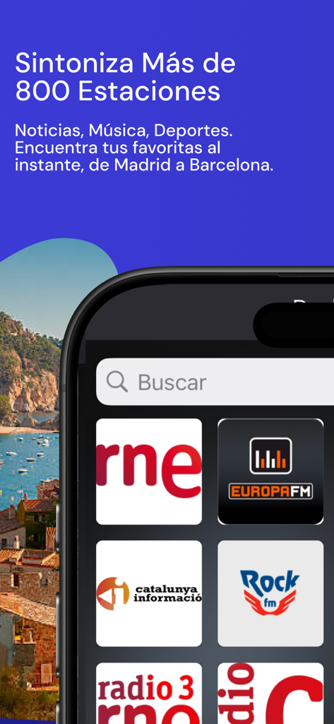 Radio FM app on iPhone showing a list of over 800 Spanish radio stations including RNE and Europa FM