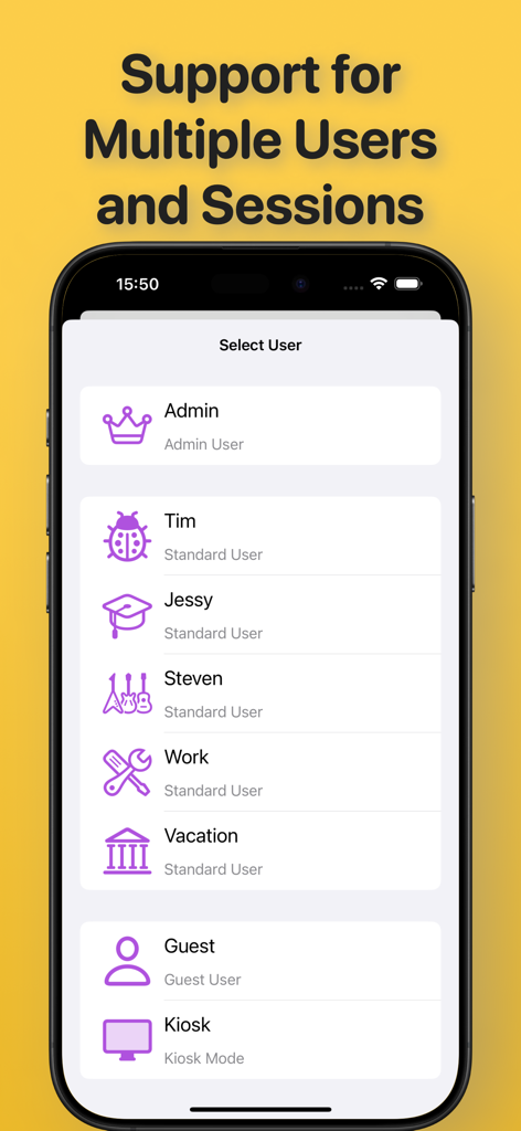 iCab Mobile (Web Browser) - Captura de pantalla del navegador iCab Mobile mostrando la pantalla de selección de múltiples perfiles de usuario para sesiones de navegación separadas.