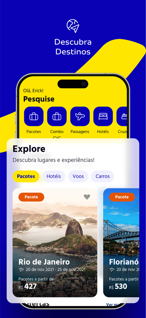 Interface do aplicativo de viagens da CVC apresentando pacotes de destino e opções de reserva para voos e hotéis